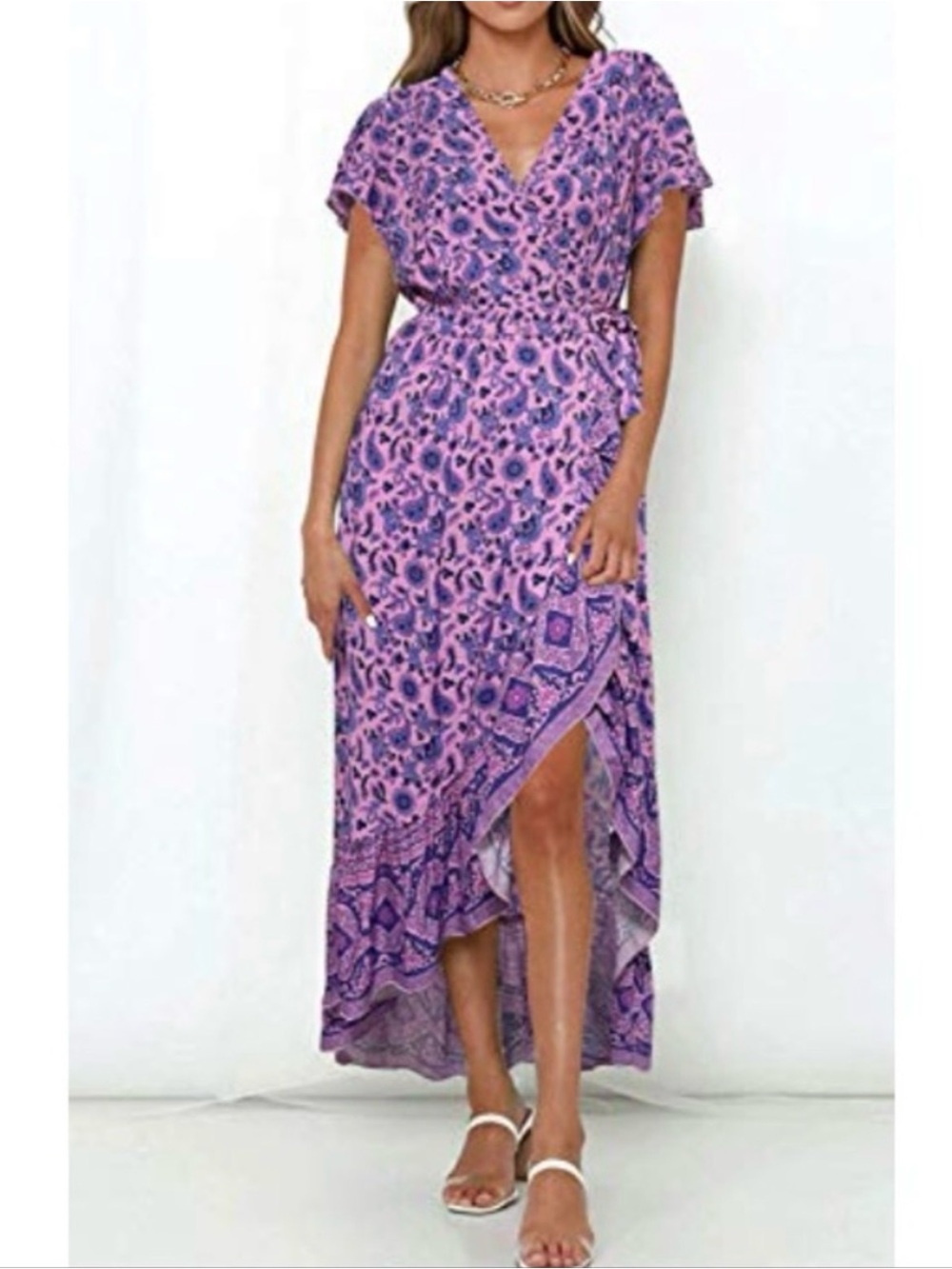 Zesica Pink Blue Purple Floral Paisley Wrap Dress Midi Flowy Sz S Prairie Boho